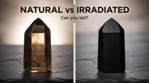 Natural smoky quartz point glowing brown beside an opaque jet-black irradiated smoky quartz point