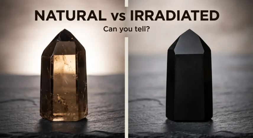 natural-vs-irradiated-smoky-quartz-hero Natural smoky quartz point glowing brown beside an opaque jet-black irradiated smoky quartz point