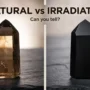 natural-vs-irradiated-smoky-quartz-hero Natural smoky quartz point glowing brown beside an opaque jet-black irradiated smoky quartz point