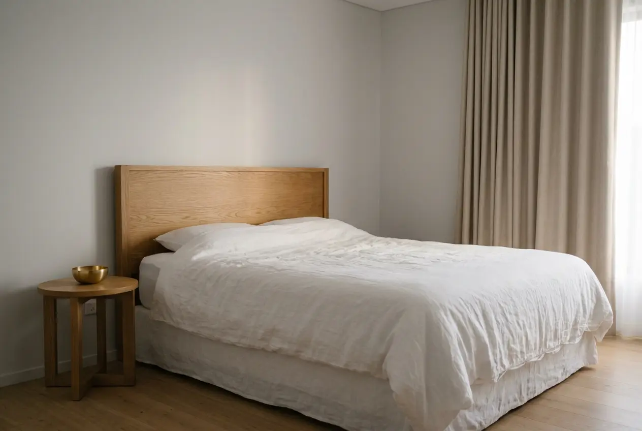 Calm minimalist bedroom with white linen, gray walls, and one small brass bowl, styled for a North bedroom in 2027