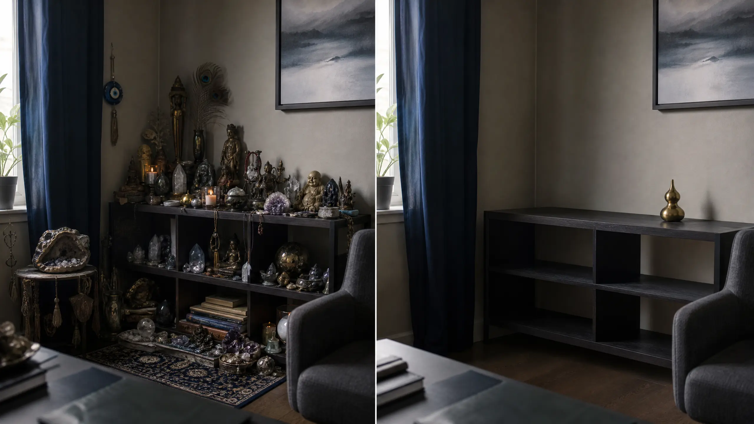 Side-by-side office corner, crowded with charms on the left and nearly empty with one brass gourd on the right