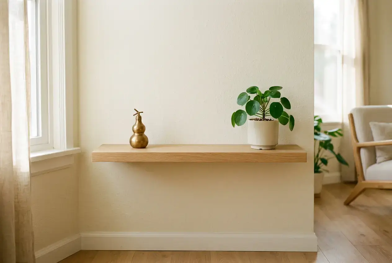 Single brass gourd on a minimalist shelf in a calm apartment corner, a metal cure placed in the North sector