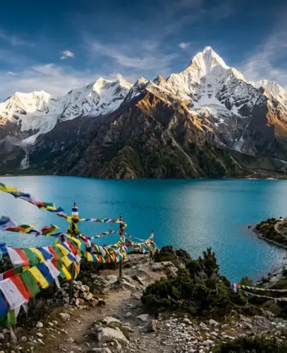 Snow-capped Mount Nyenchen Tanglha towering above the turquoise waters of Namtso Lake in Tibet