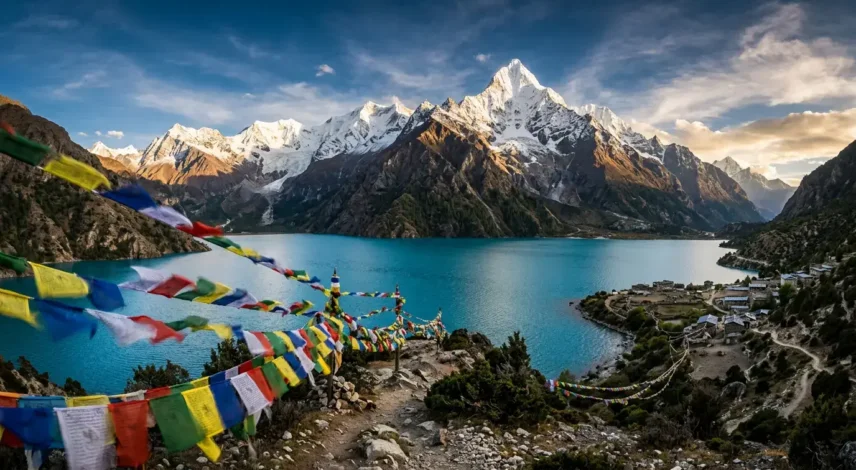 Snow-capped Mount Nyenchen Tanglha towering above the turquoise waters of Namtso Lake in Tibet
