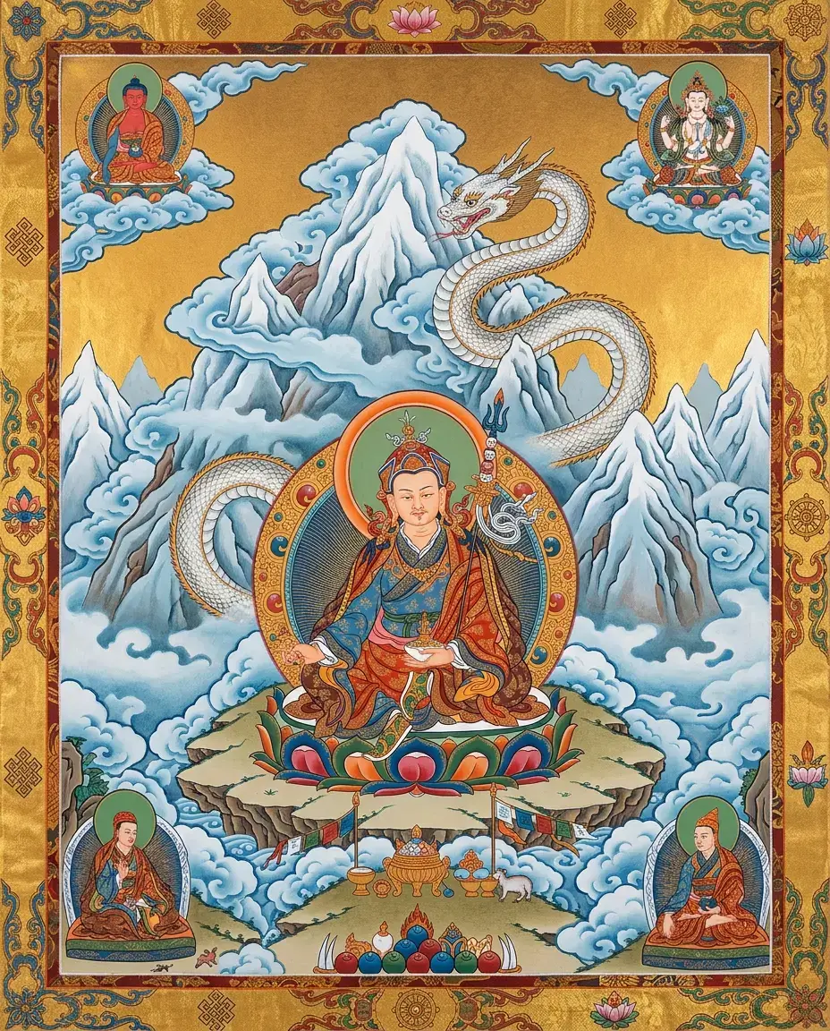 Traditional-style illustration of the Tibetan legend where Padmasambhava subdues and binds the mountain god Nyenchen Tanglha under oath