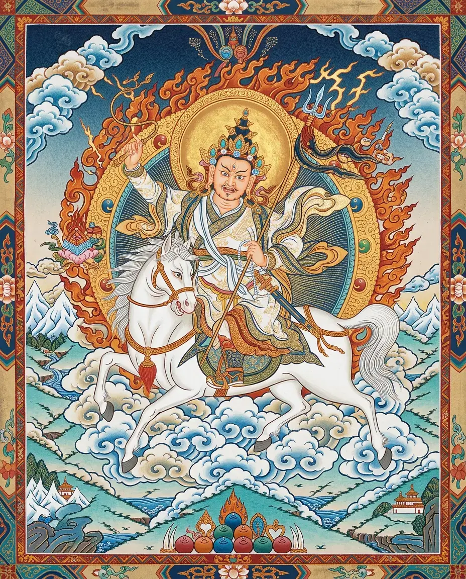 Traditional thangka-style depiction of Nyenchen Tanglha as a white-robed warrior riding a white horse with a crystal rosary and turquoise topknots