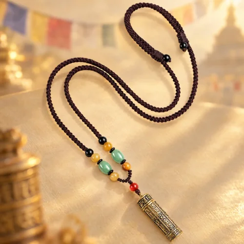 Om Mani Padme Hum necklace with antique-gold Shurangama mantra pendant, jade, tiger eye and red agate beads on brown cord