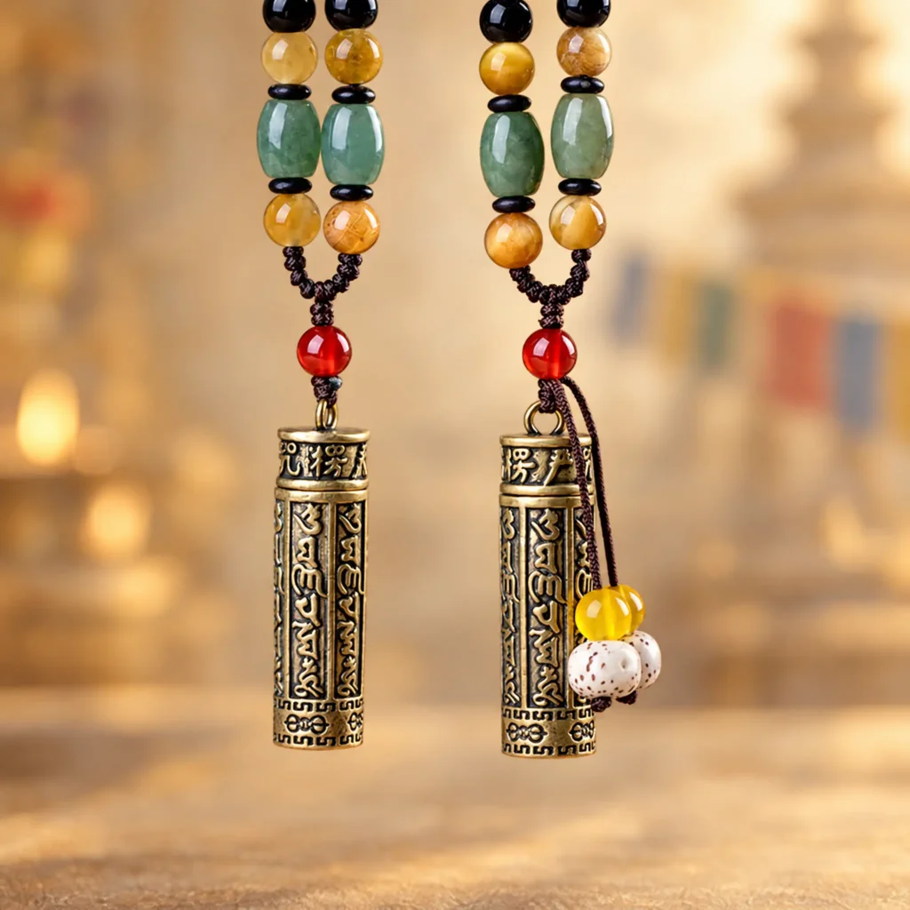 Two hanging copper Om Mani Padme Hum pendants, one plain and one with bodhi seed tassel, showing mantra script