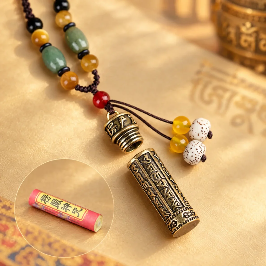 Openable Tibetan mantra pendant unscrewed to show threaded cap and a rolled Shurangama mantra scroll