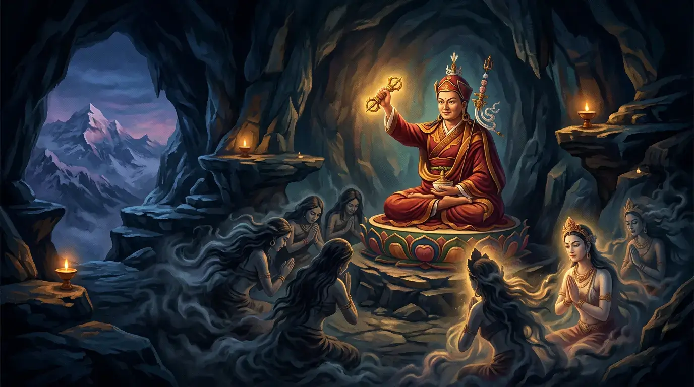 Padmasambhava in a Himalayan cave holding a vajra as female spirits kneel to take the oath that made them Tibet's protectors