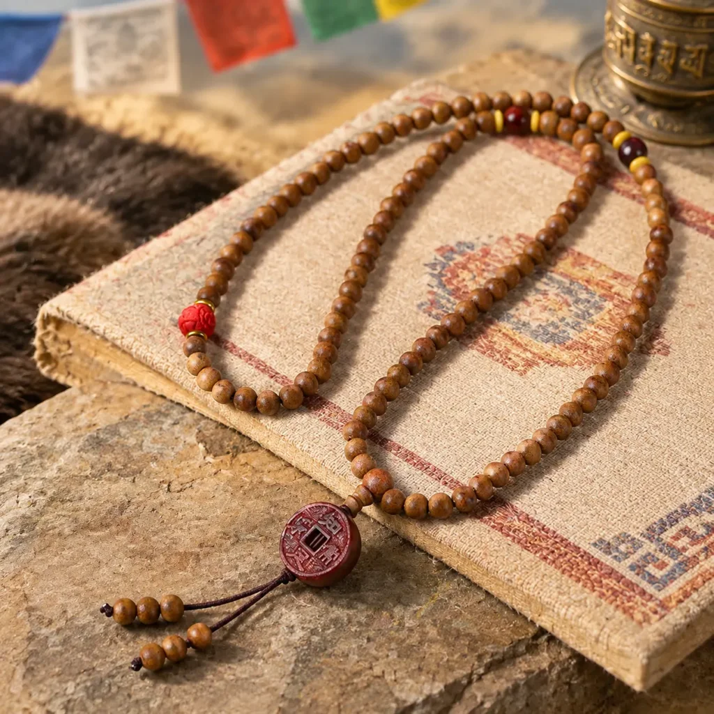 peach-wood-mala-necklace-108-beads-long-strand Long 108 bead peach wood mala necklace with coin charm and wooden tassel on Tibetan patterned cloth near a prayer wheel