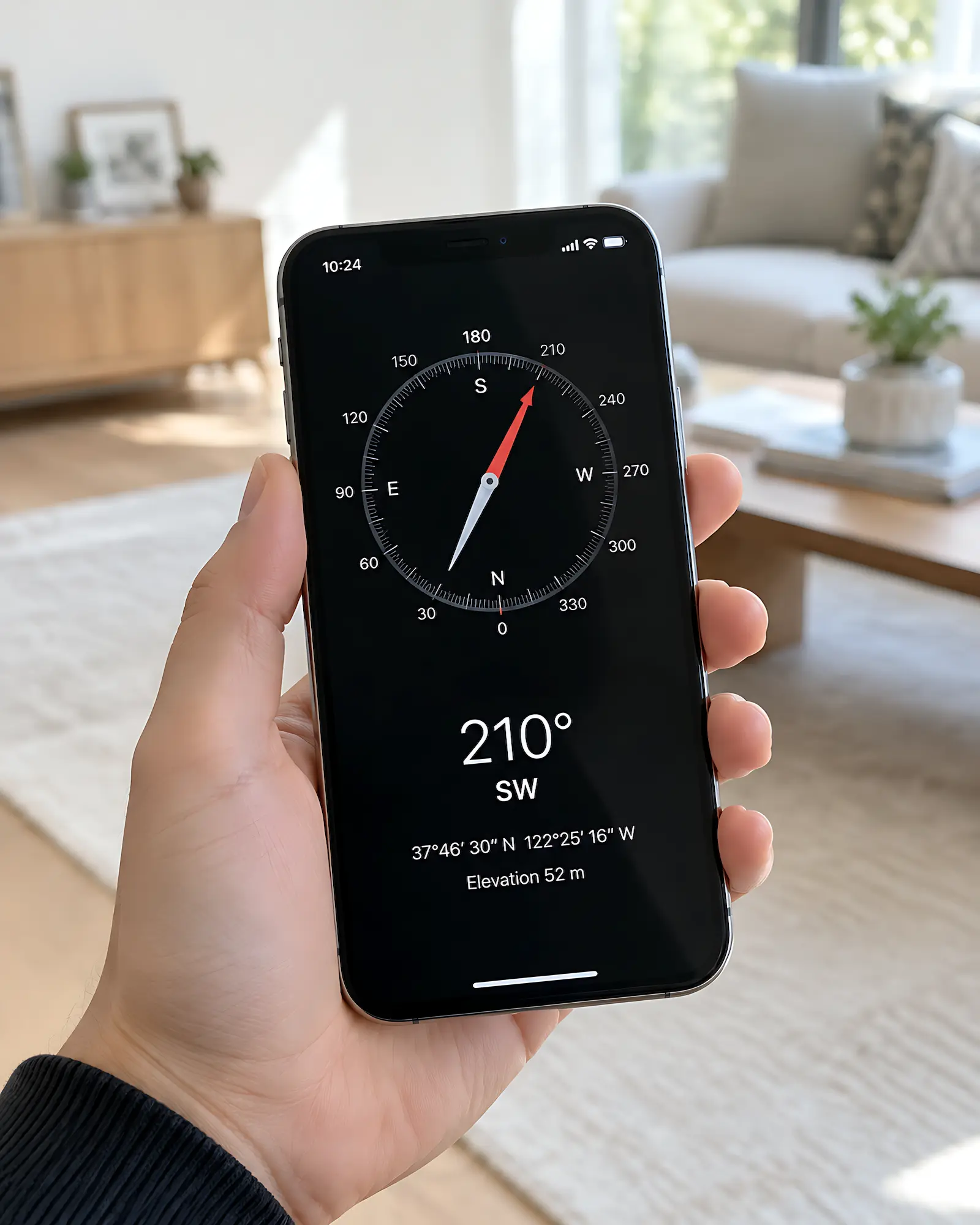 Phone compass app reading 210 degrees toward the Southwest Tai Sui zone