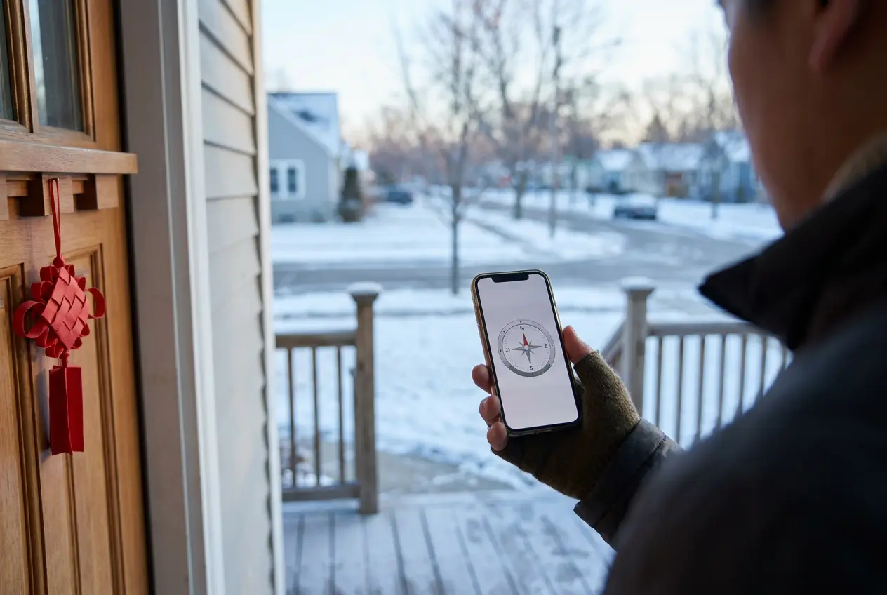 Hand holding a phone compass at a front door to find the direction the home faces before the 2027 feng shui year