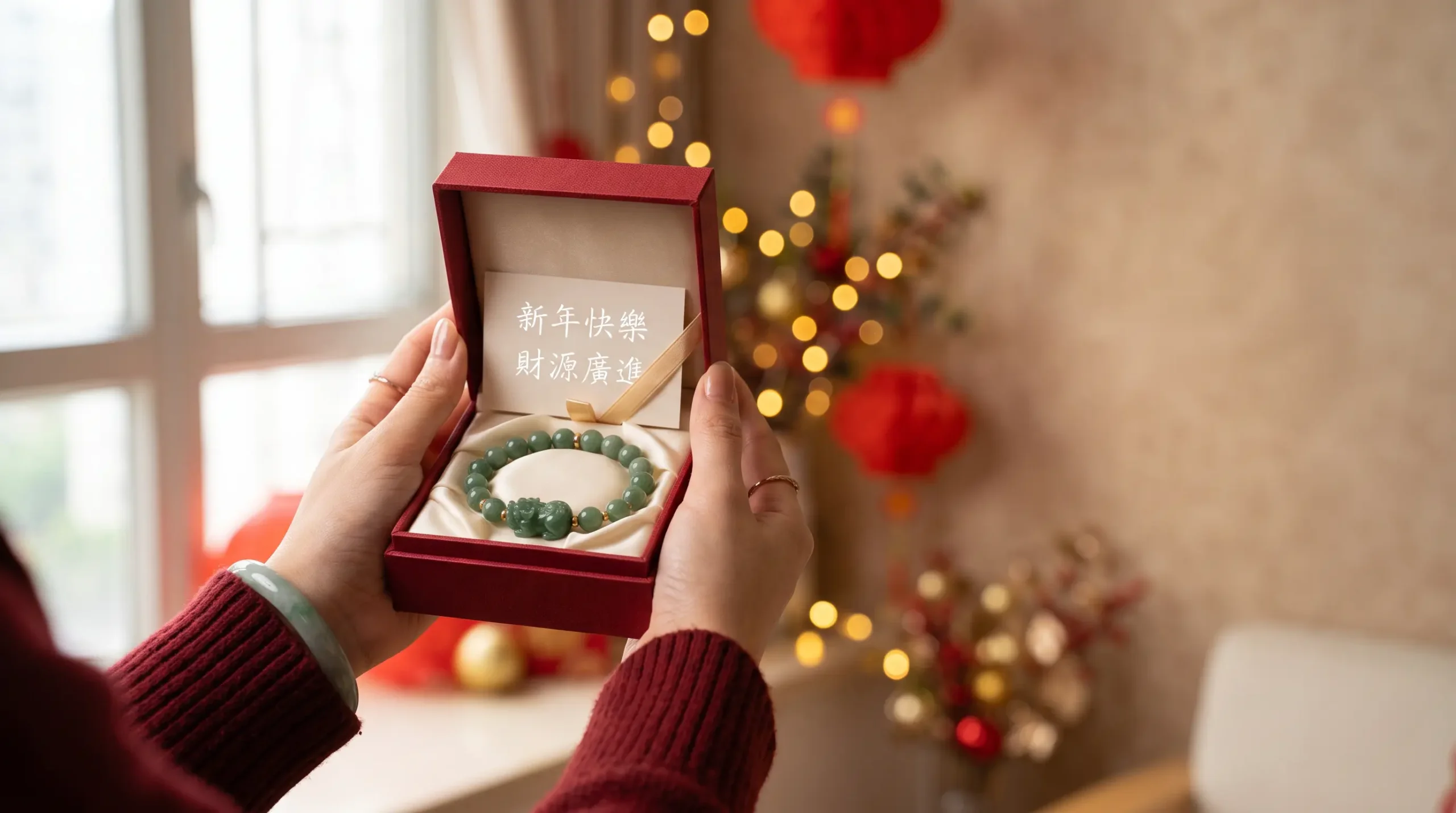 Left wrist wearing a green jade Pixiu bracelet with the Pixiu head facing outward toward the little finger