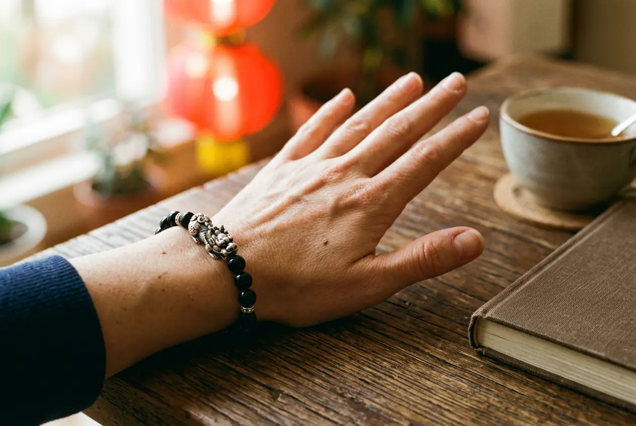 Black obsidian Pixiu bracelet worn on the left wrist with the Pixiu head facing the little finger