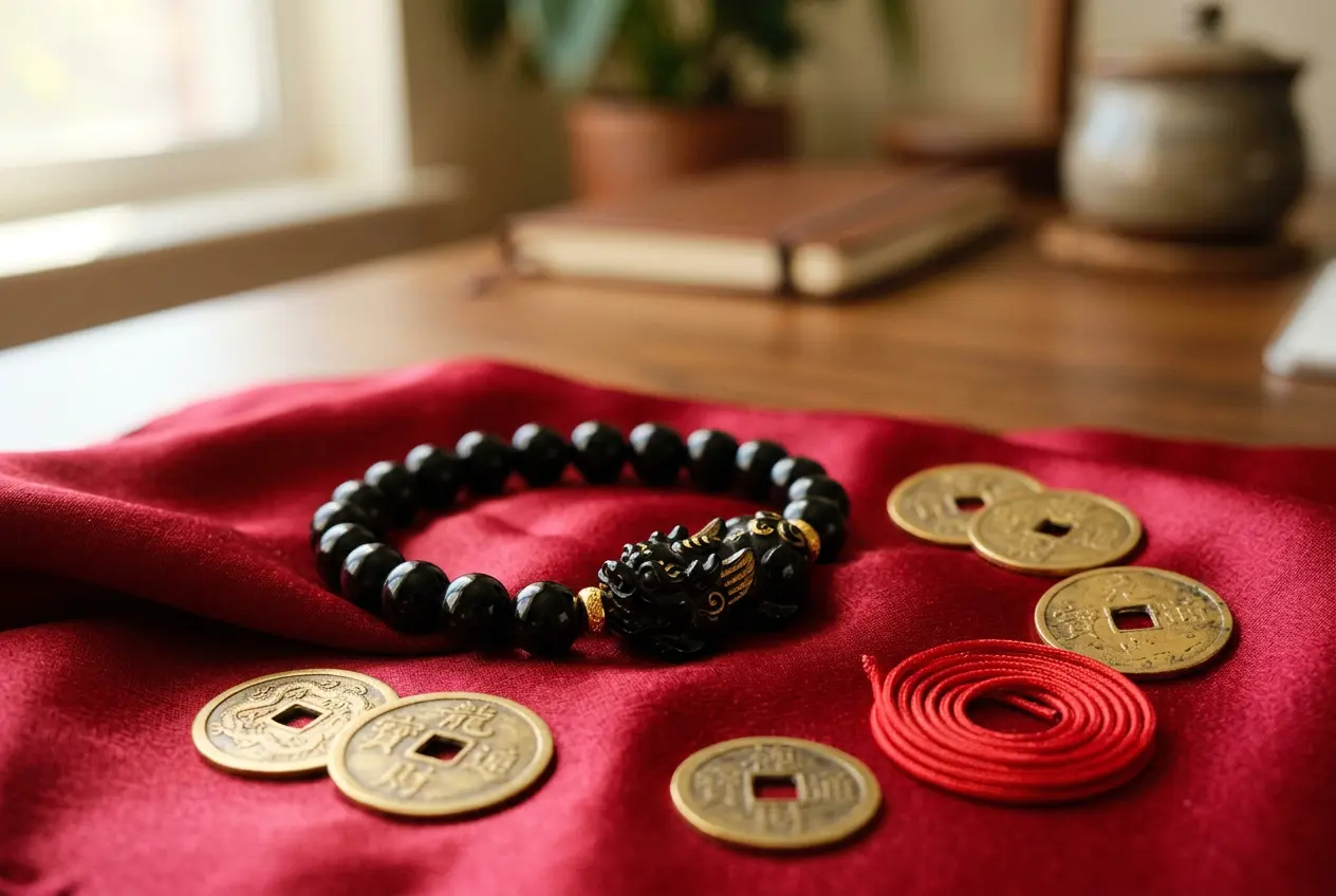Black obsidian Pixiu bracelet on red silk beside gold coins, a traditional wealth symbol for the Rat in 2027