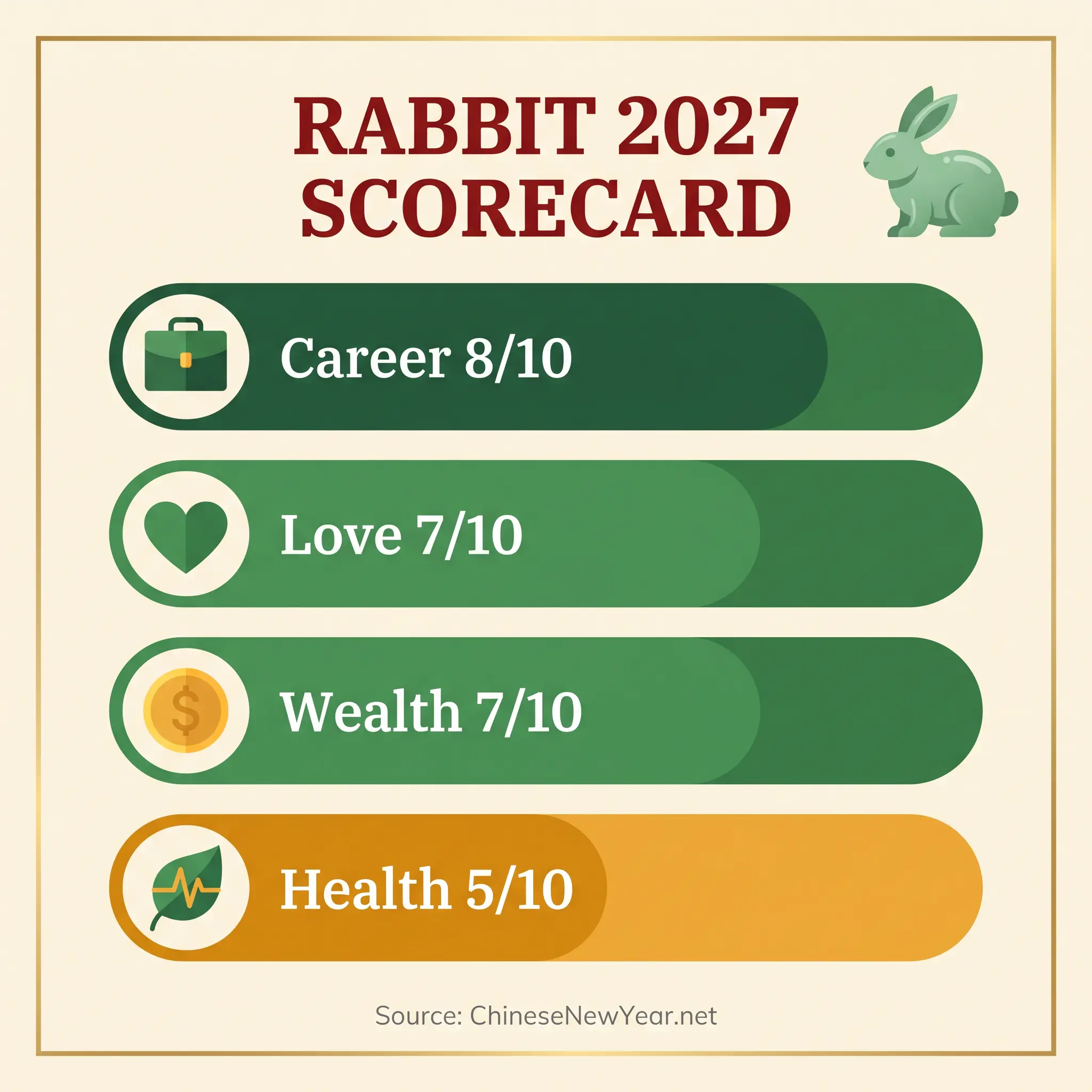 Rabbit 2027 horoscope scorecard showing career 8, love 7, wealth 7 and health 5 out of 10 according to ChineseNewYear.net
