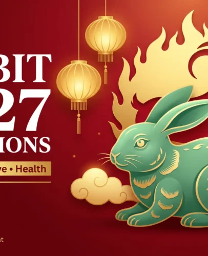 Jade rabbit illustration with a golden fire goat silhouette for Rabbit 2027 predictions on wealth, career, love and health