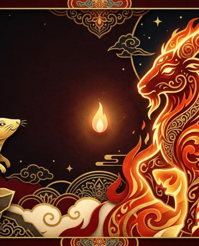 rat-2027-predictions-fire-goat-hero Golden Rat zodiac figure facing a flame-lit Fire Goat silhouette for Rat 2027 predictions