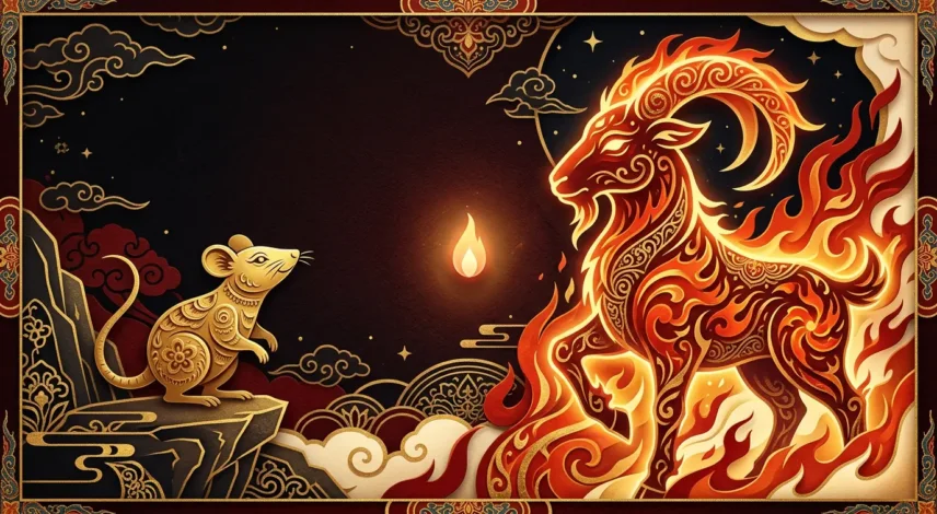 rat-2027-predictions-fire-goat-hero Golden Rat zodiac figure facing a flame-lit Fire Goat silhouette for Rat 2027 predictions