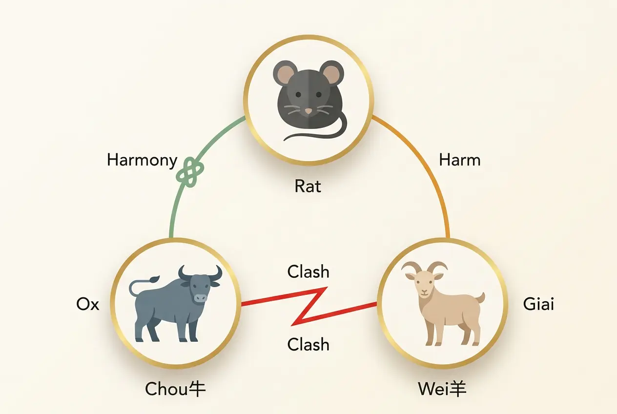 Diagram of the Rat, Ox, and Goat zodiac animals showing why the Rat-Goat harm tie is milder than a clash