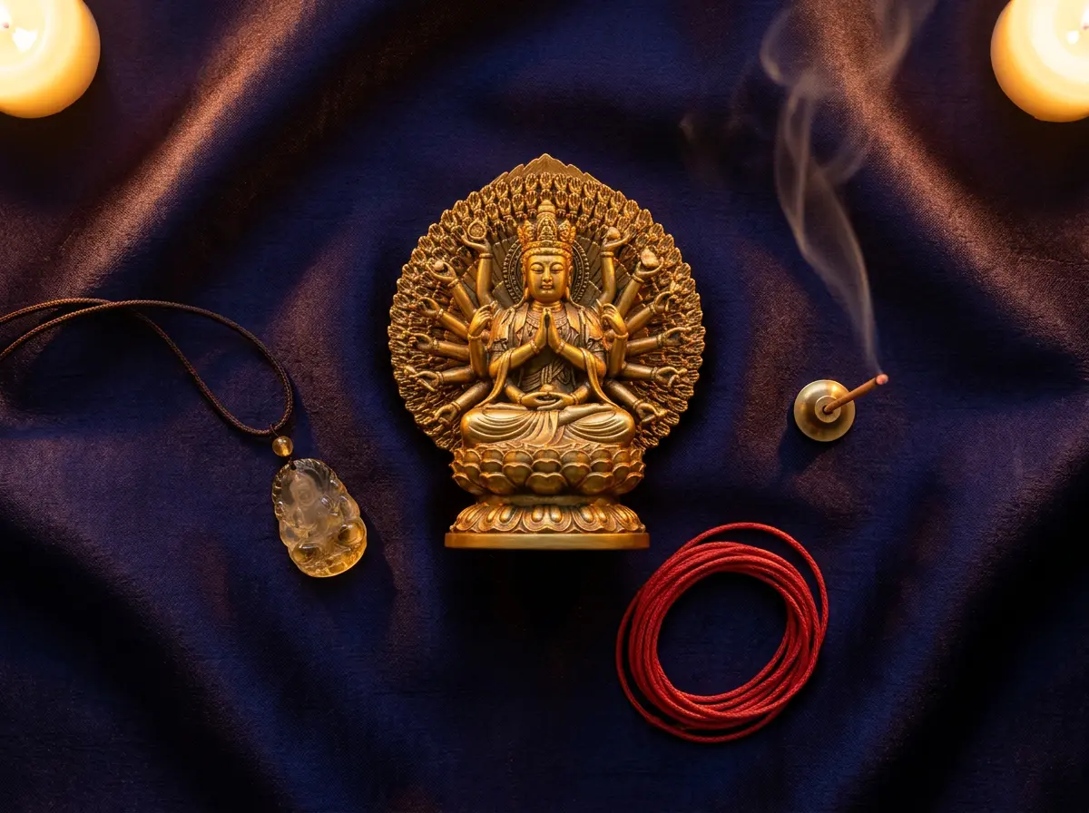 Thousand-Armed Guanyin, the Rat’s guardian Buddha, beside a citrine pendant and red string on a dark altar cloth