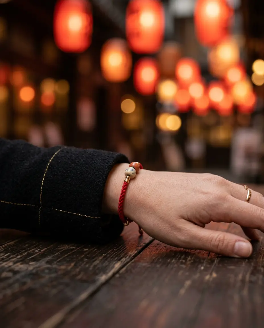 Red string bracelet worn on the left wrist with a black blazer sleeve for Chinese New Year 2027