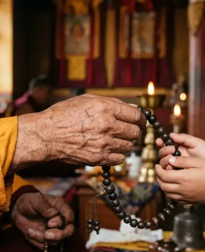An elderly monk's hands passing a wooden 108-bead mala to a child, symbolizing the tulku tradition of reincarnated lamas