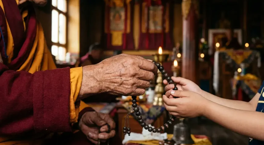 reincarnated-lamas-tulku-mala-passed-to-child.webp An elderly monk's hands passing a wooden 108-bead mala to a child, symbolizing the tulku tradition of reincarnated lamas