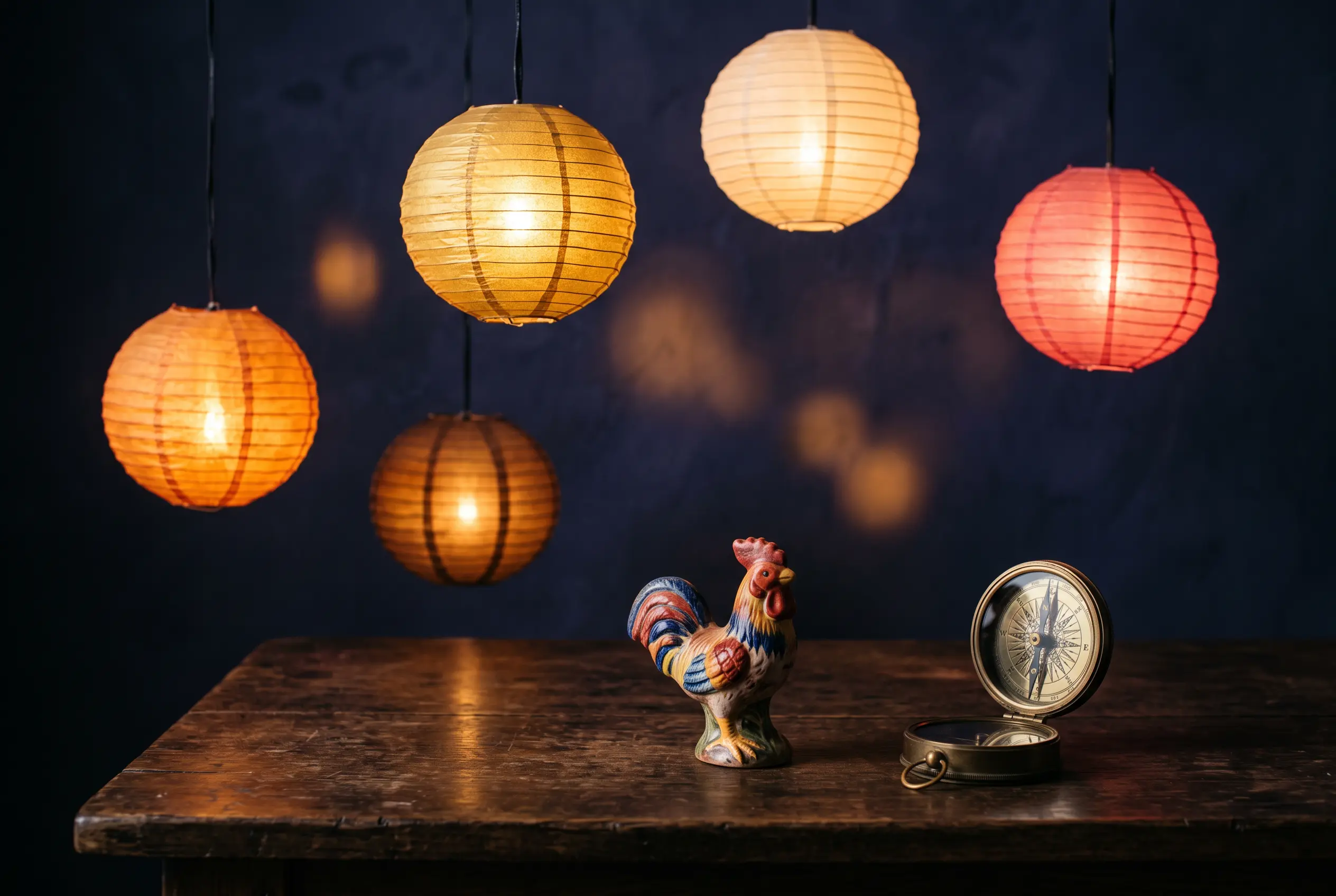 Five lanterns glowing at different brightness above a rooster figurine, showing how 2027 Rooster forecasts disagree