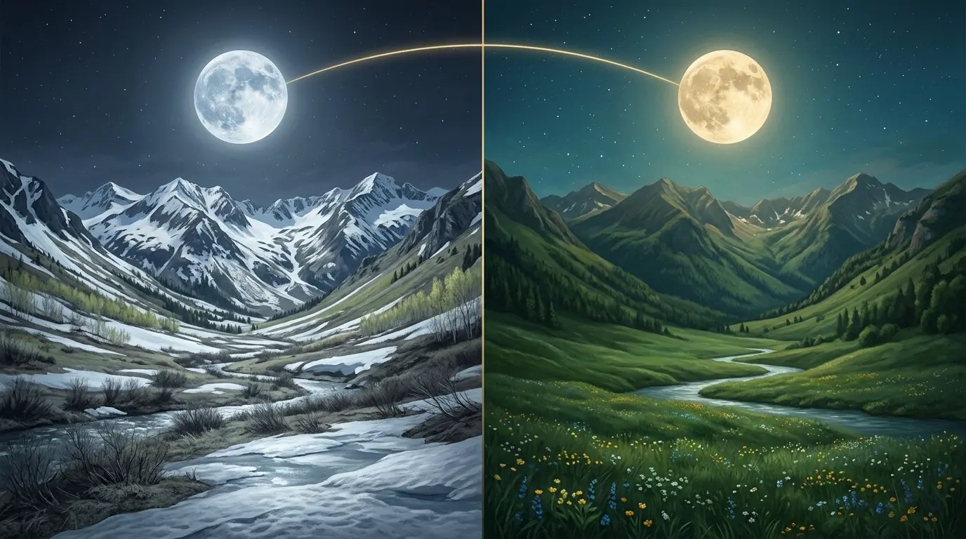 Split image of two full moons over the same mountain valley, one in spring and one in summer, showing the 2027 Saga Dawa date conflict
