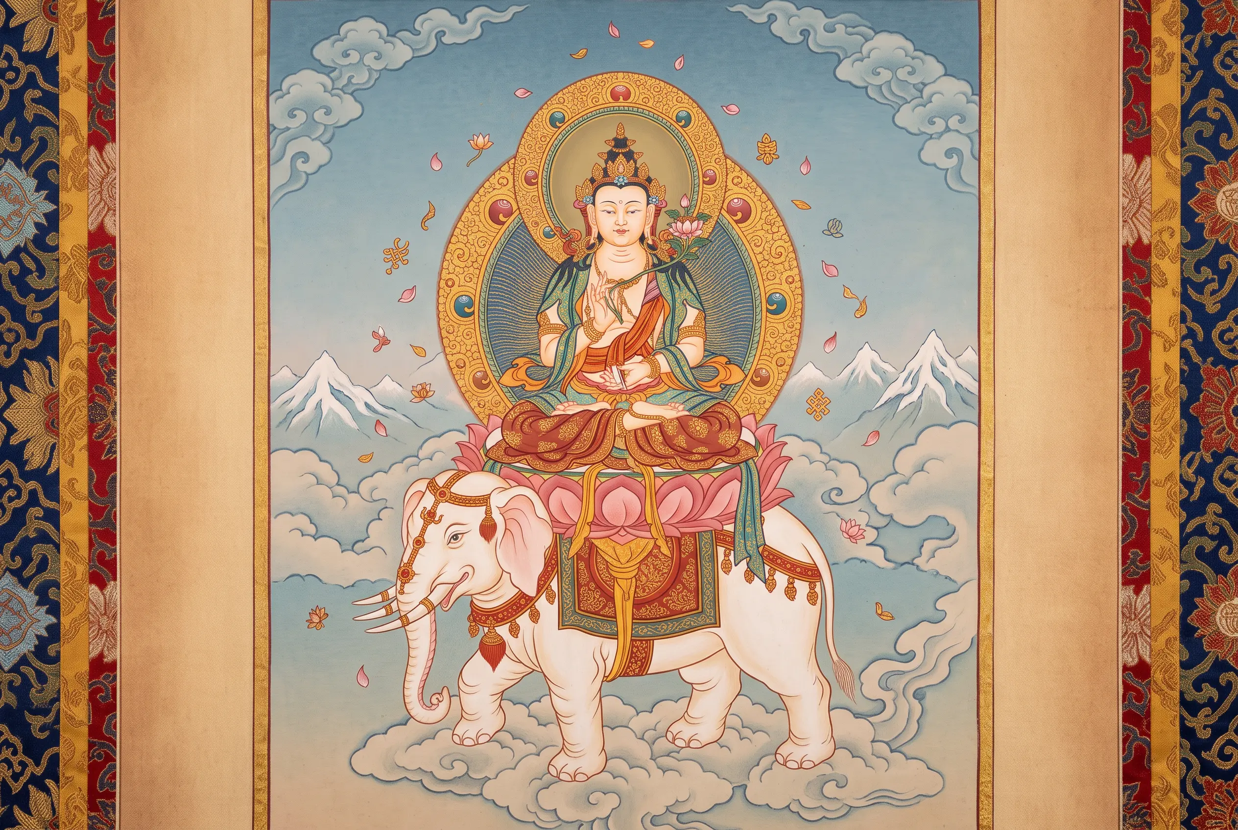 Samantabhadra Bodhisattva riding a white six-tusked elephant, the guardian Buddha for Dragon and Snake zodiac signs