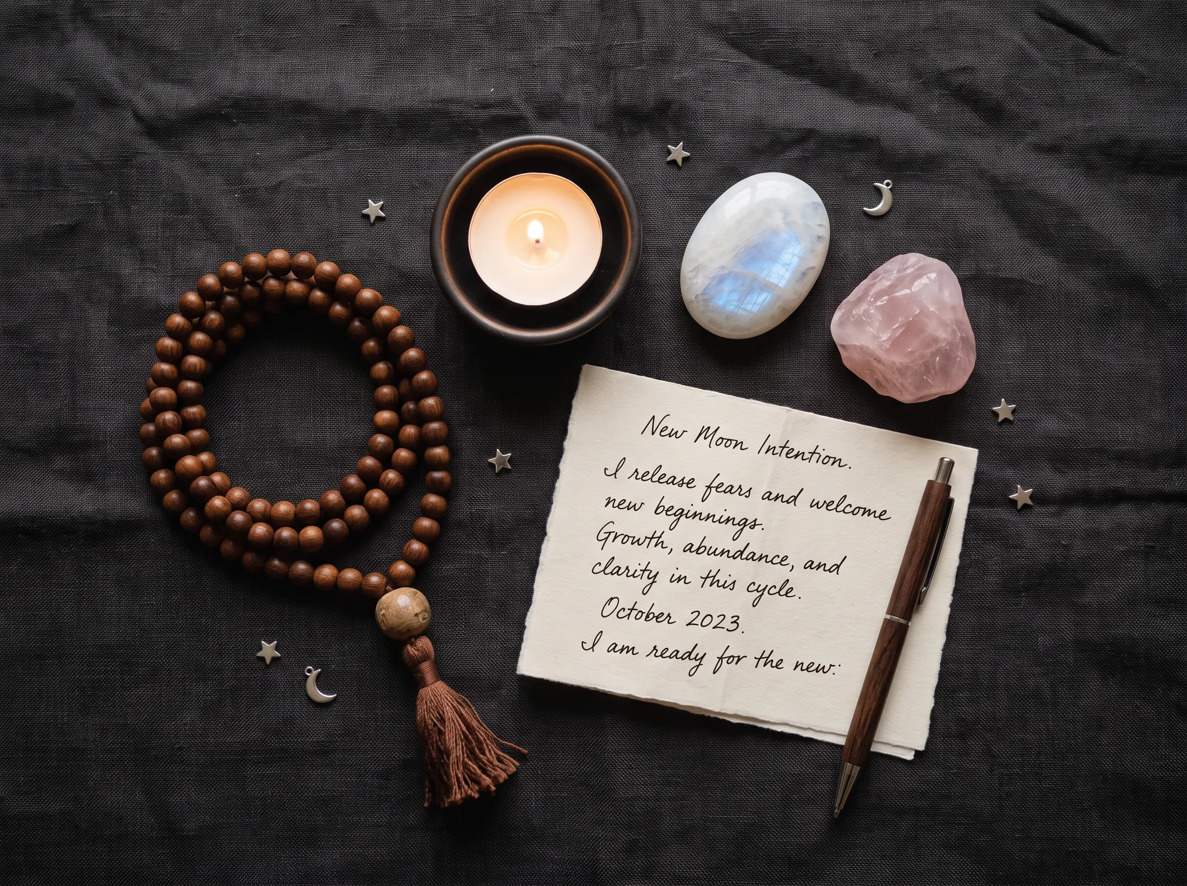 Scorpio new moon ritual setup for Cancer with moonstone, rose quartz, a 108-bead mala, candle, and handwritten intention