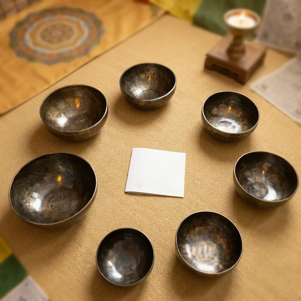 seven-singing-bowl-set-sound-healing-meditation Set of seven hand-hammered singing bowls in different sizes arranged in a circle on a woven mat for sound healing and meditation