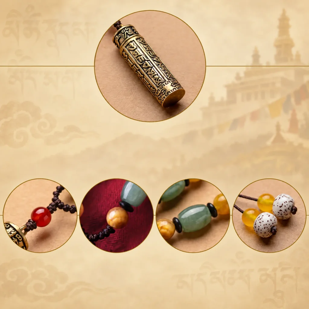 Close-up details of engraved copper mantra pendant, red agate, tiger eye, jade and bodhi seed beads