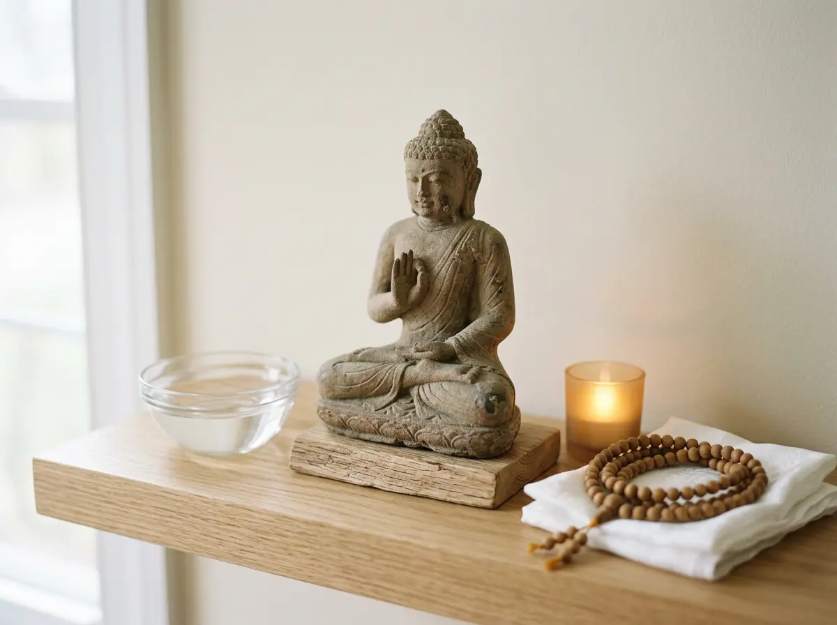 Small stone Buddha statue, water bowl, LED candle, khata, and wooden mala on a shelf for a Lhabab Duchen home altar