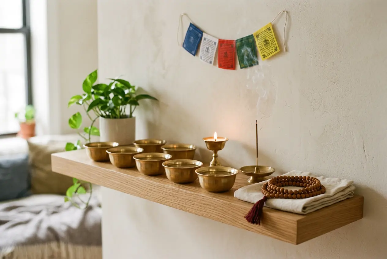 Simple home altar shelf with seven brass water offering bowls, a butter lamp, incense, and a mala for Tibetan Buddhist holy days