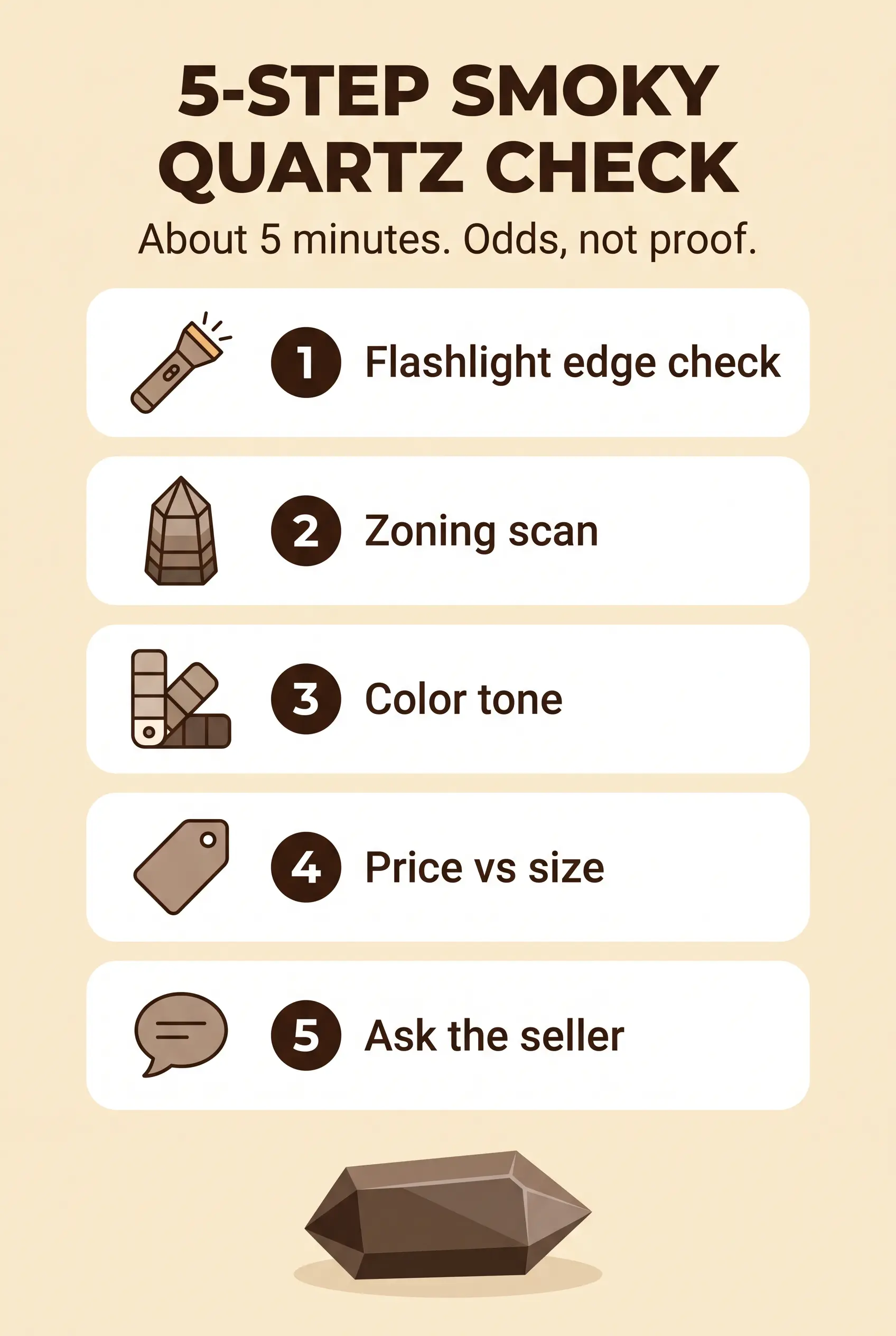 Five-step checklist for judging natural versus irradiated smoky quartz: flashlight edge, zoning, color tone, price, disclosure