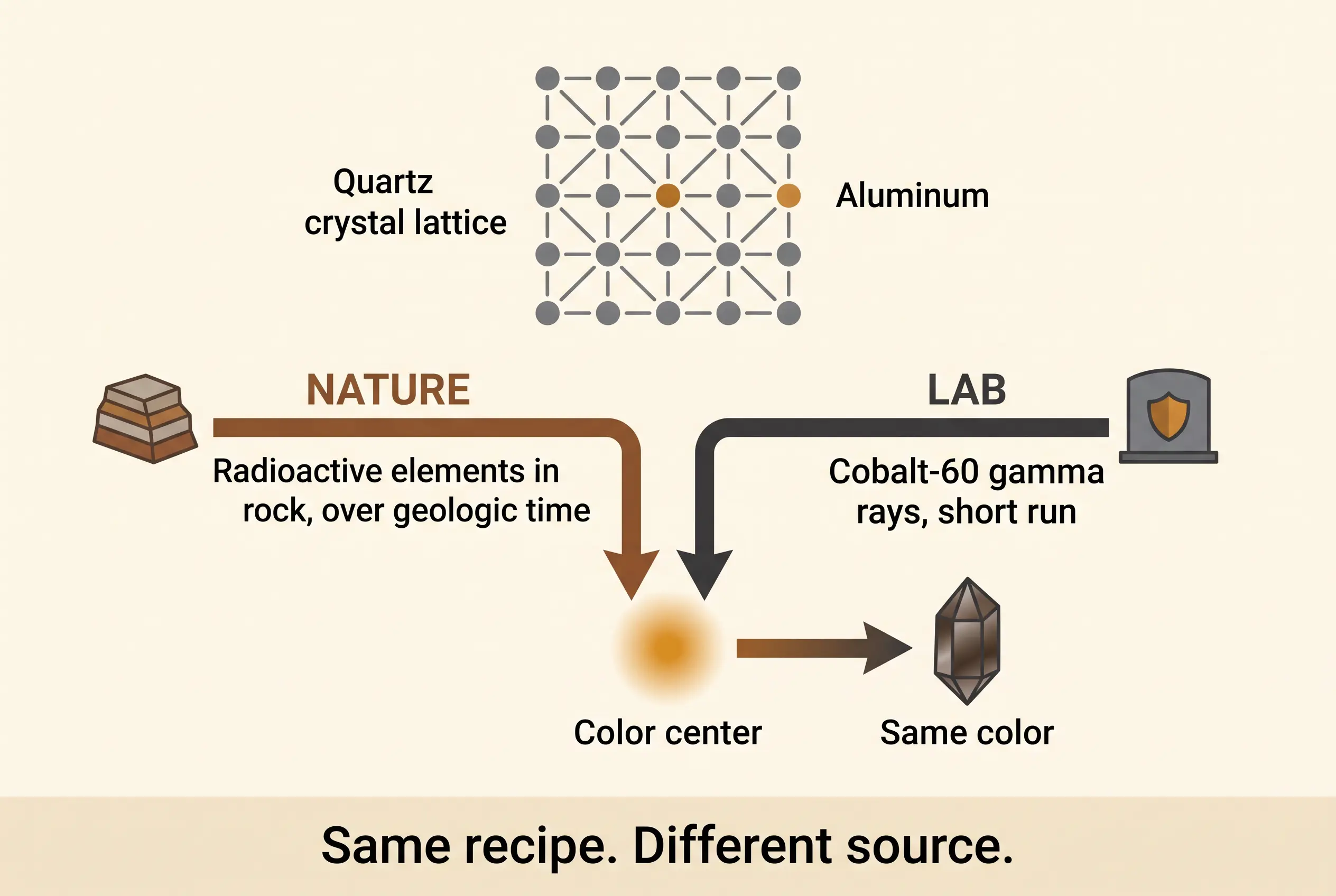 Diagram showing gamma radiation creating a color center at an aluminum impurity in quartz, in nature and in a lab