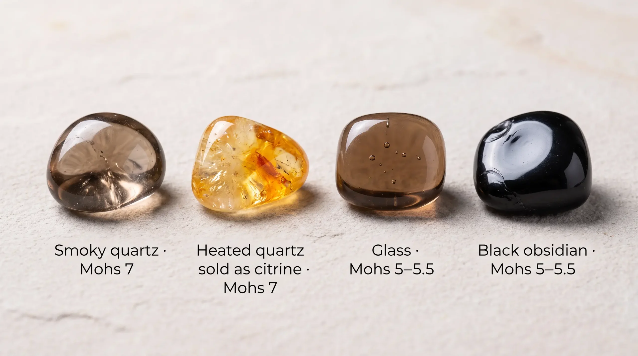 Four polished brown and black stones compared: smoky quartz, heated citrine, glass imitation and black obsidian