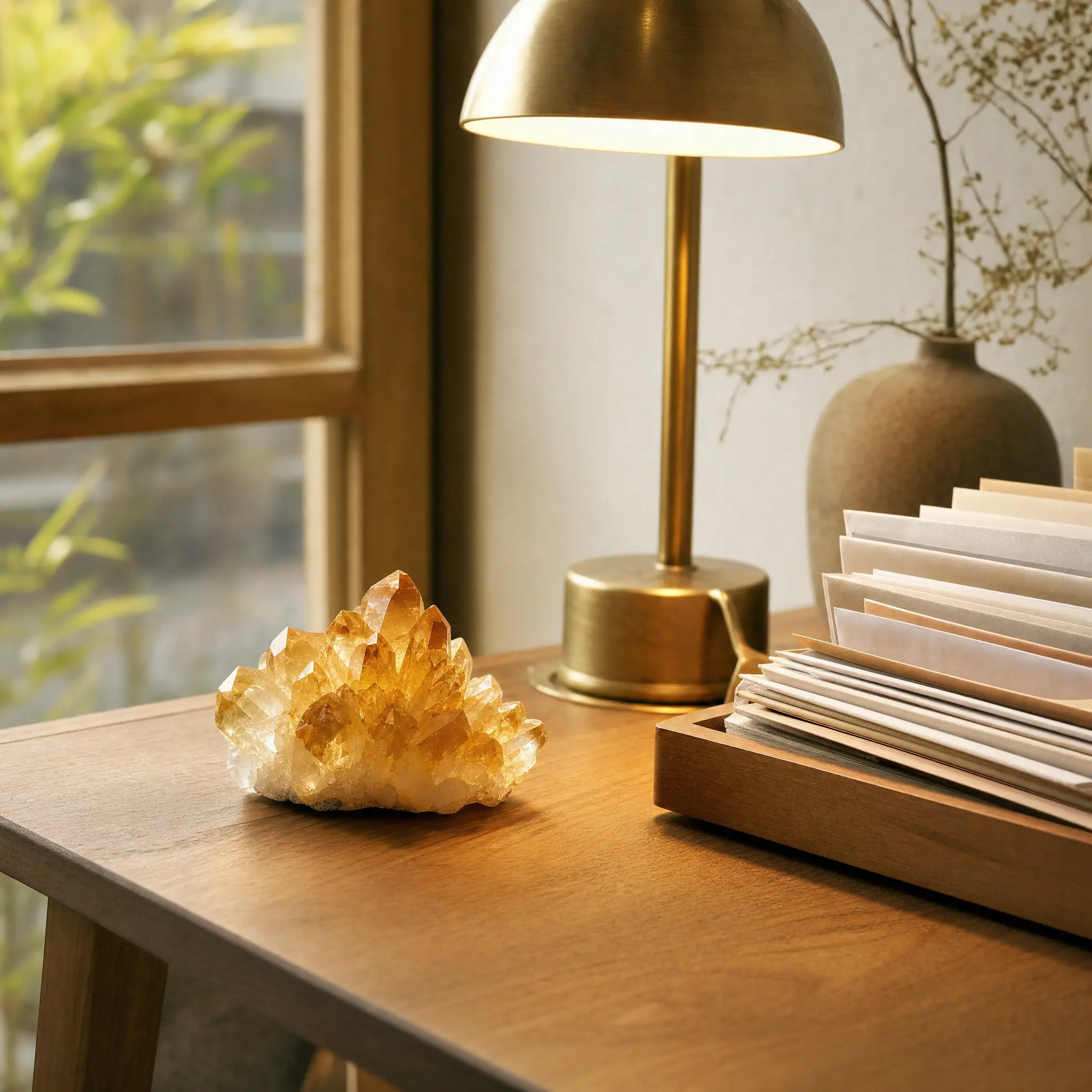 Clutter-free Southeast desk corner with a citrine crystal and warm lamp to activate the 2027 8 White wealth star