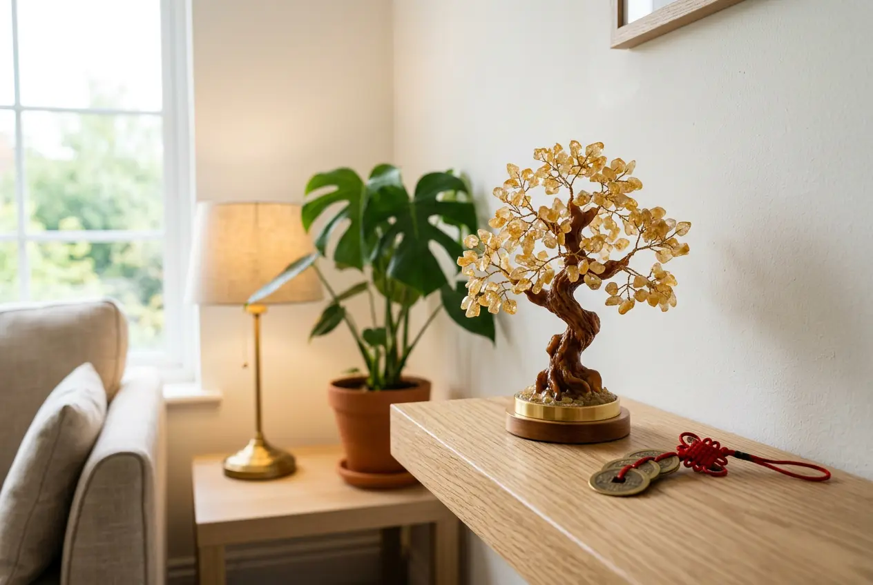 Citrine money tree and three feng shui coins on red string on a shelf in the southeast corner of a living room
