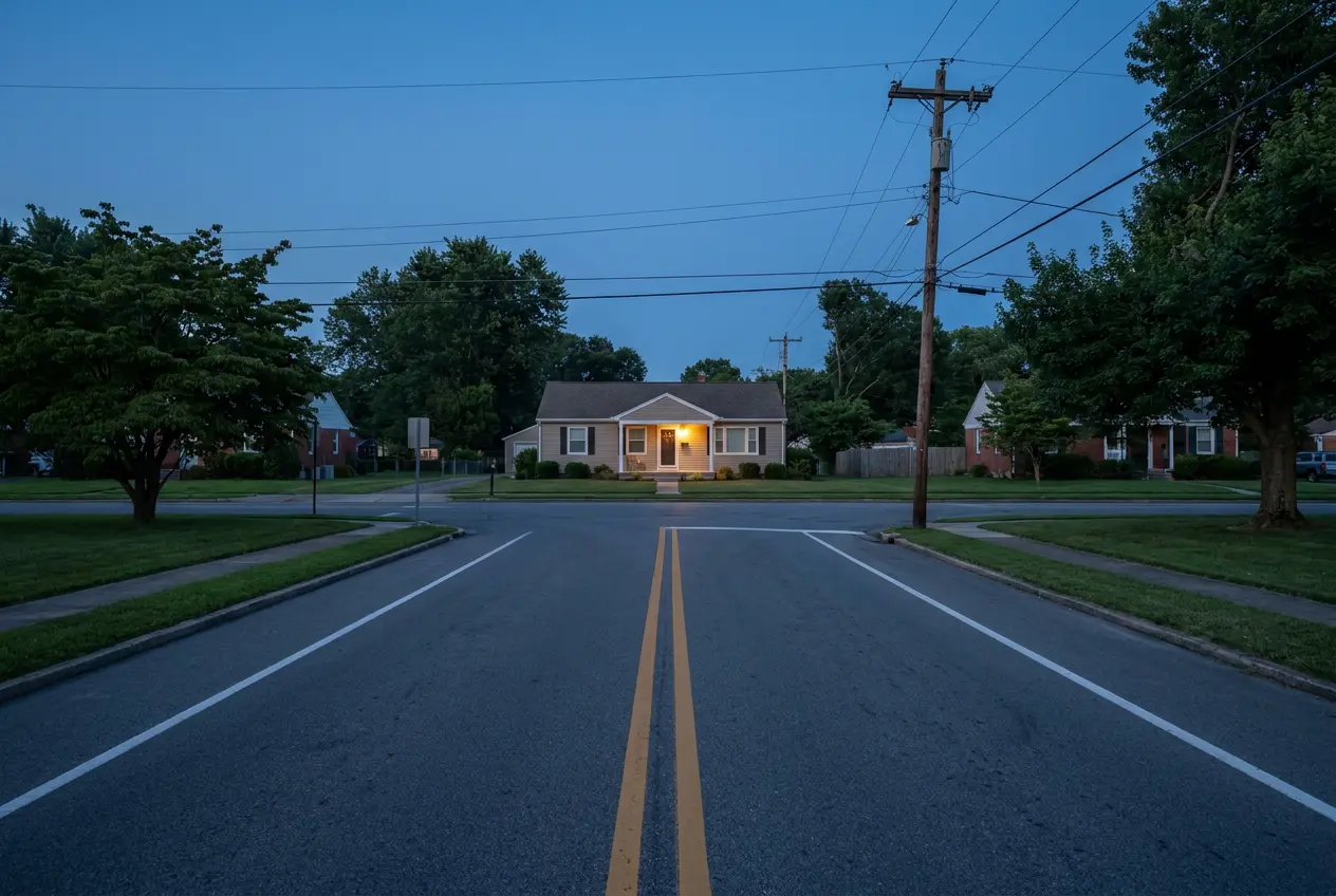 Suburban street ending at a house so the road points straight at the front door, an example of a T-junction poison arrow