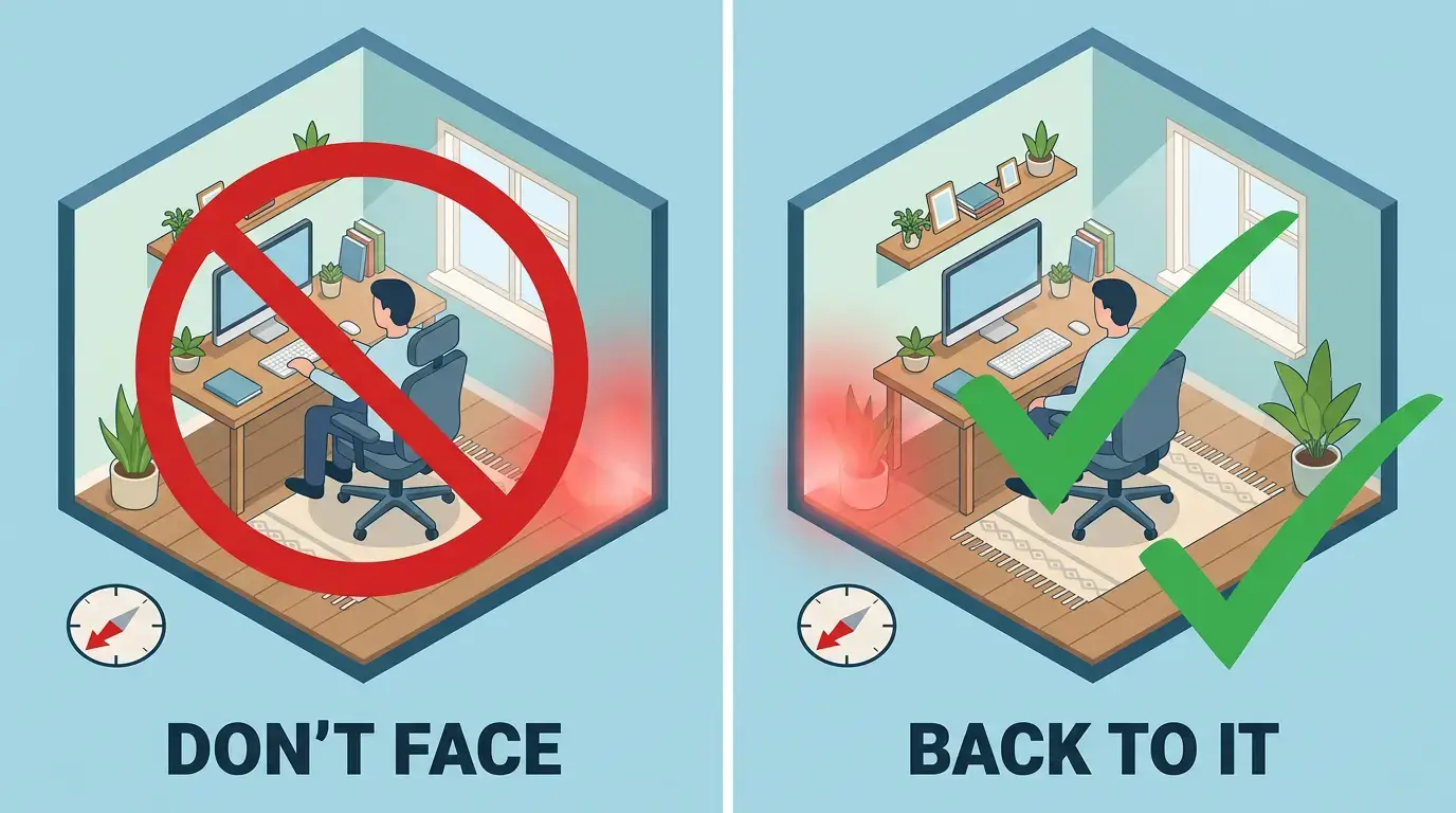 Home office diagram comparing a desk facing the Southwest Tai Sui corner with a desk placed with its back to it