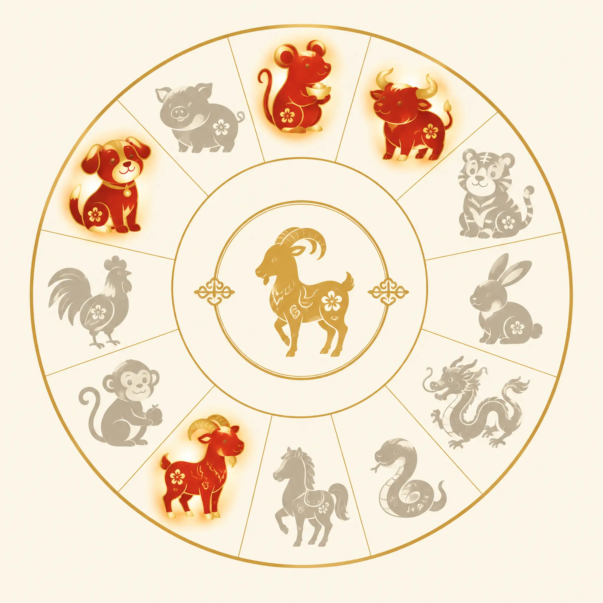 Chinese zodiac wheel highlighting the Goat, Ox, Dog, and Rat signs that clash with Tai Sui in 2027