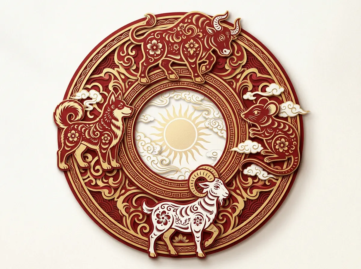 Papercut-style illustration of the four zodiac animals that offend Tai Sui in 2027: Goat, Ox, Dog and Rat