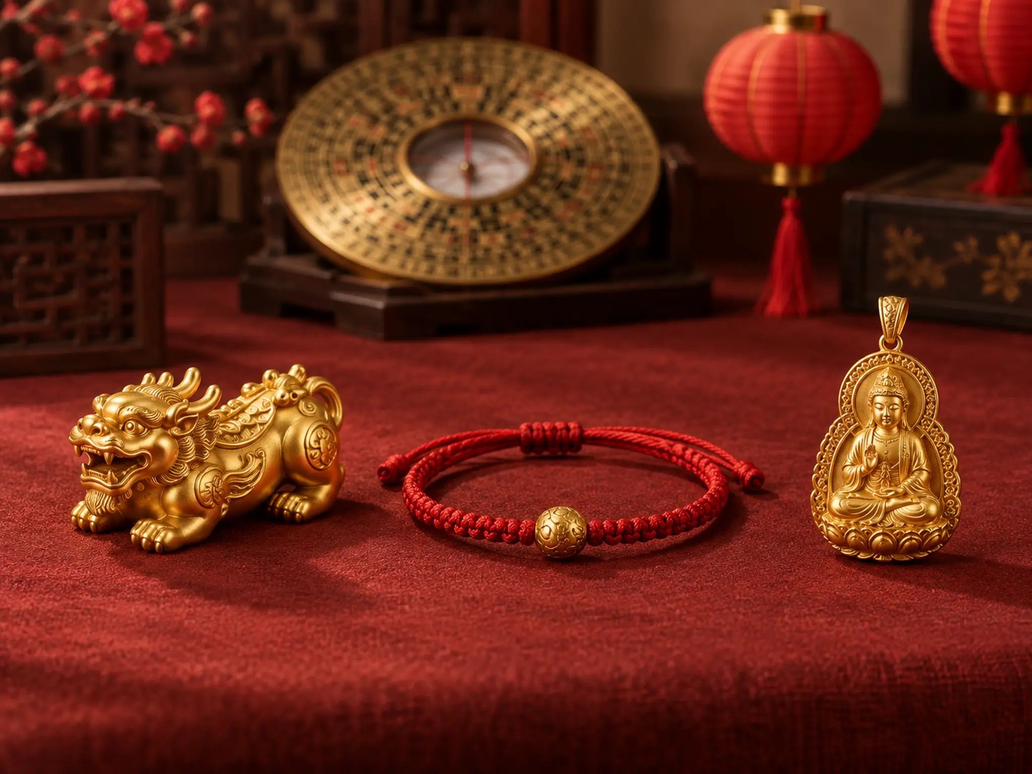 Pixiu bracelet, red string bracelet, and Guardian Buddha necklace laid out as 2027 Tai Sui remedies