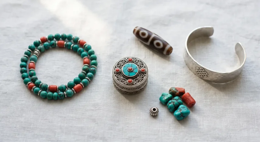 tibetan-buddhist-jewelry-mala-gau-turquoise-dzi Flat lay of Tibetan Buddhist jewelry: turquoise and coral mala, silver ga'u amulet box, dzi bead and knot cuff