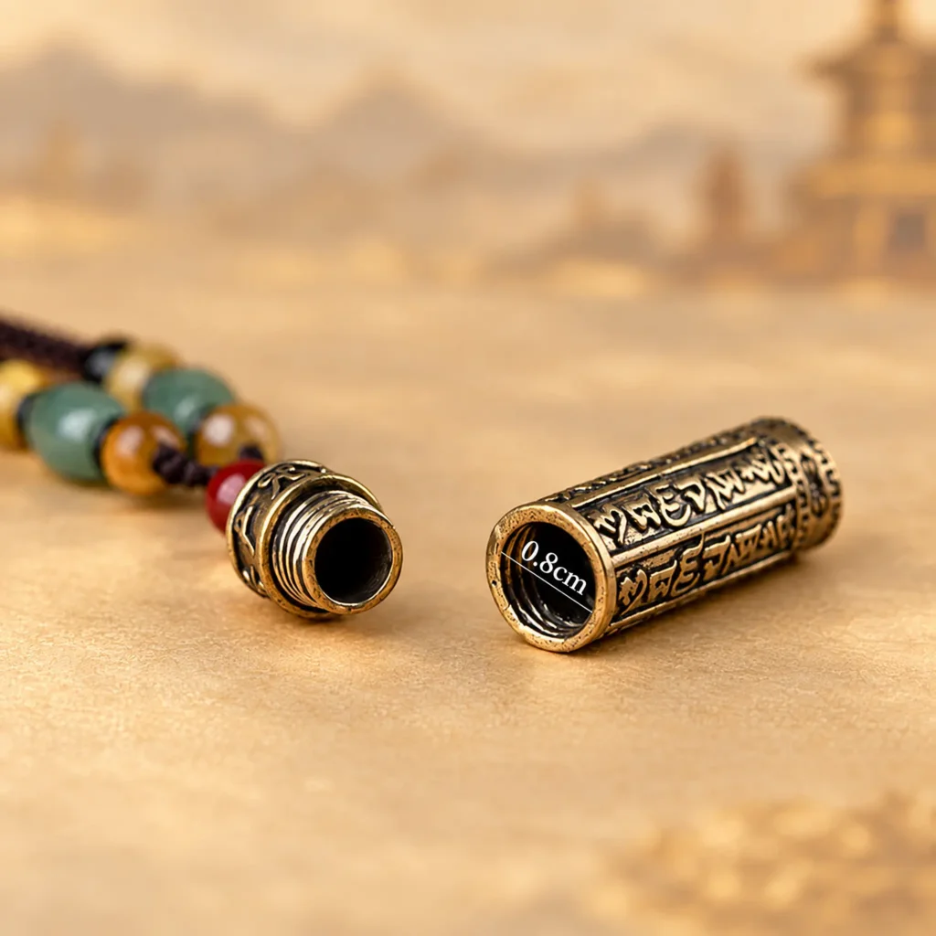 Opened copper gau-style pendant showing screw-thread cap and 0.8 cm inner diameter