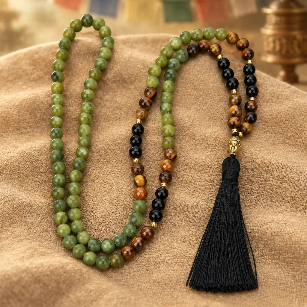 tibetan-green-jasper-mala-onyx-tiger-eye Green jasper mala bracelet with 108 beads, black onyx, tiger eye and black tassel on sand fabric by Tibetan prayer flags